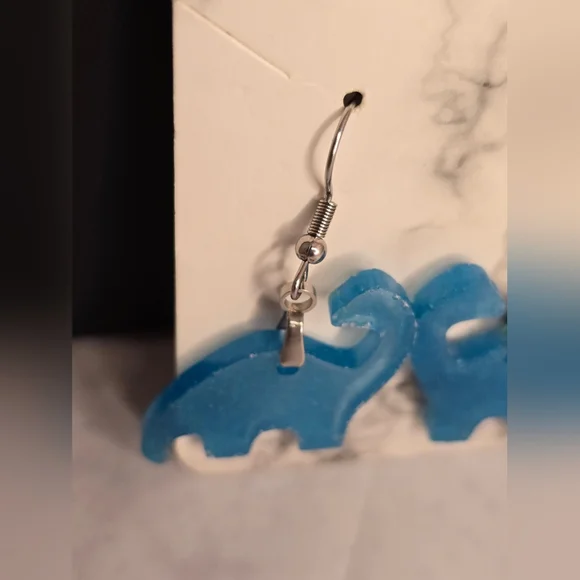 Blue Dinosaur Dangle Earrings Frosted Acrylic Animal Jewelry - Picture 4 of 7